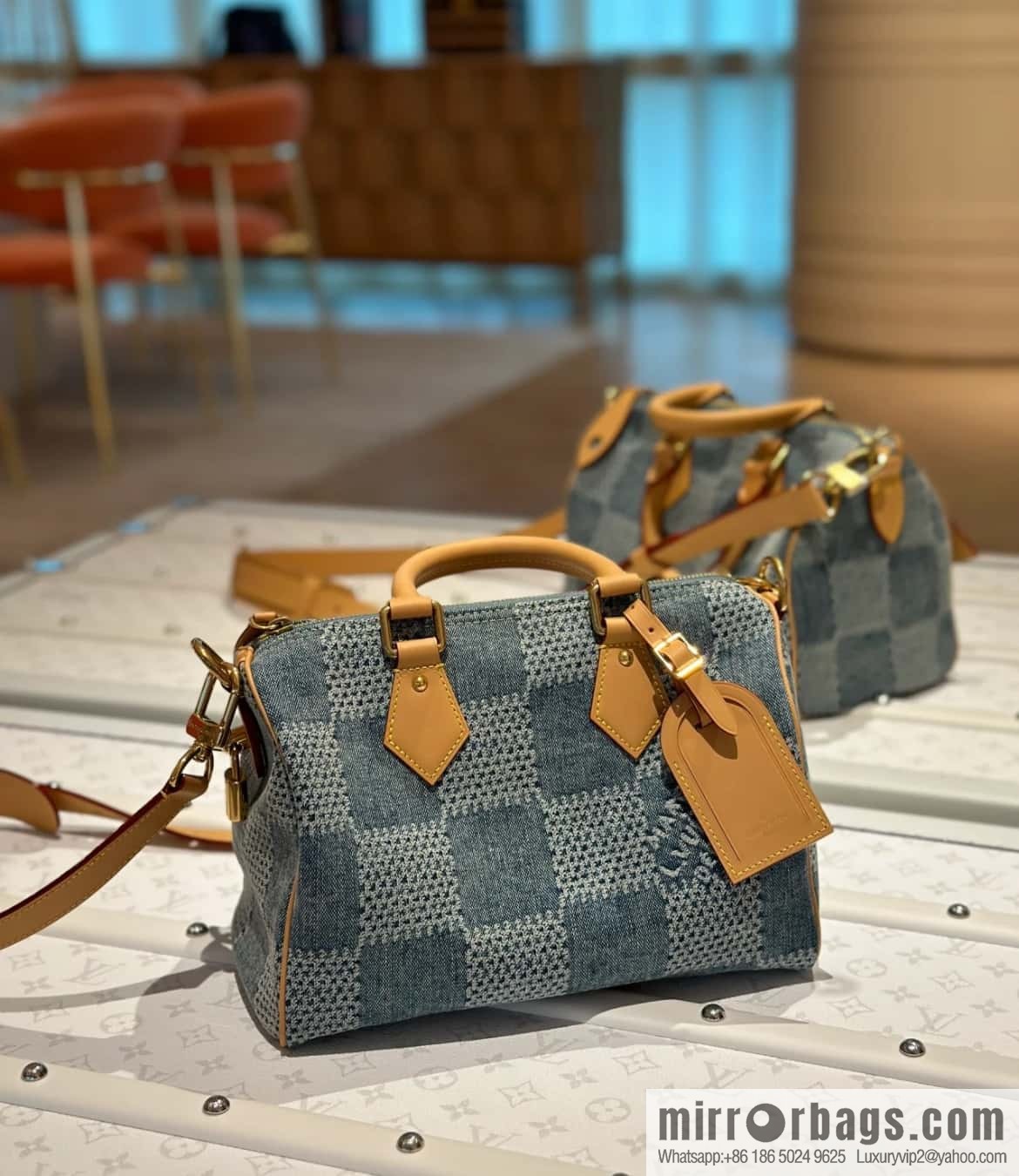 [Boutique‑grade] M40700 blue plaid chip version, denim pillow bag speedy series KEEPALL BANDOULIZRE 25 handbag