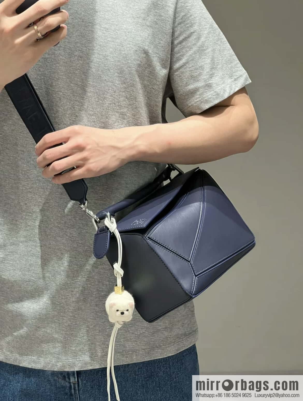 LOEWE satin leather ➕ Anagram embroidery shoulder strap geometric bag 0189 blue 24CM
