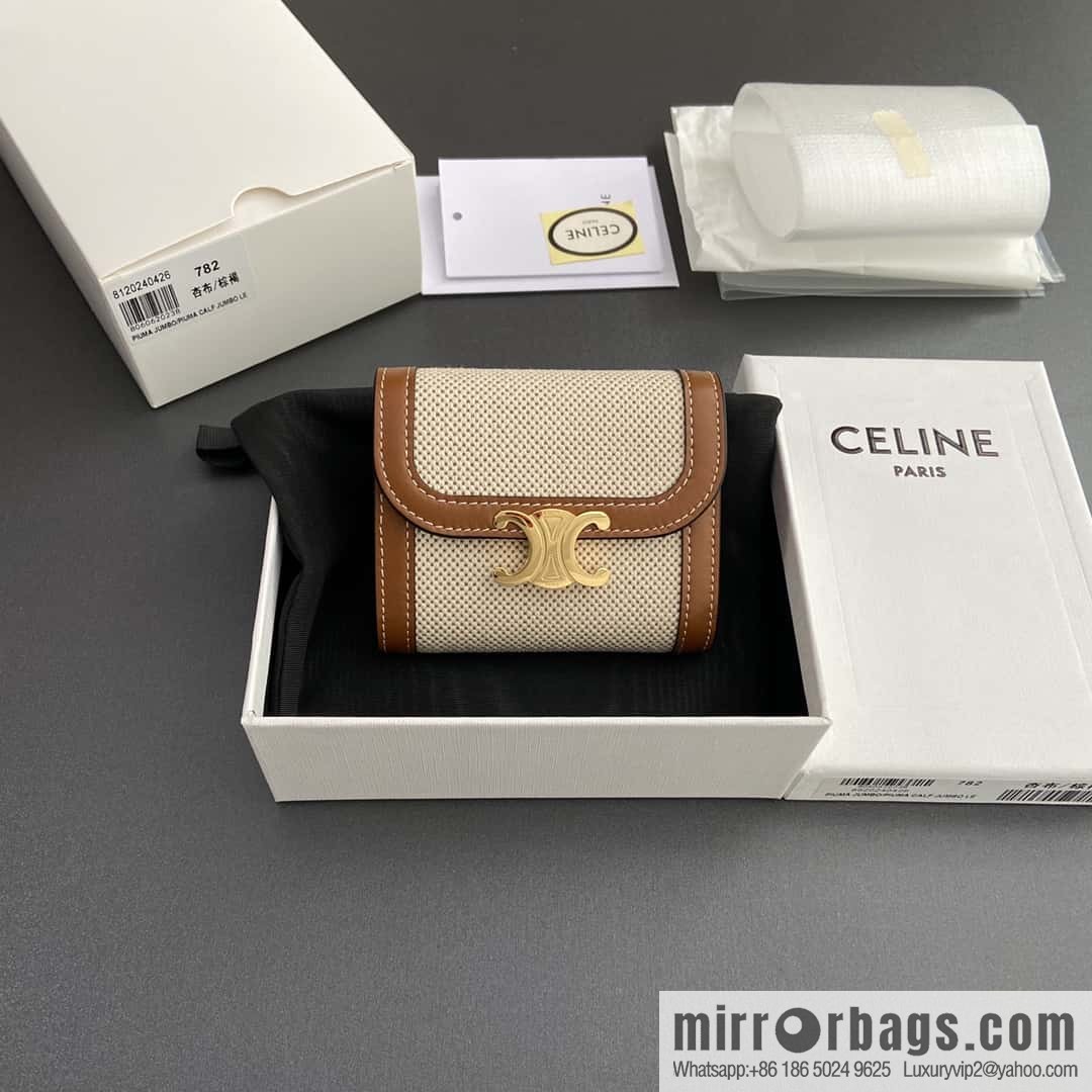 CELINE TRIOMPHE Fabric Apricot Cloth and Cow Leather Short Wallet 10D782CQH.04LU783