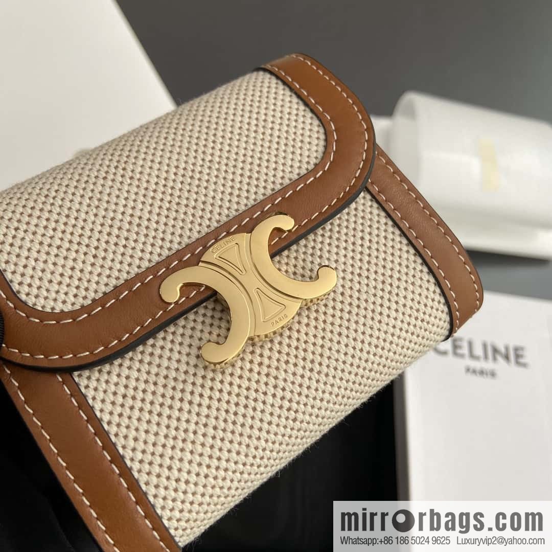 CELINE TRIOMPHE Fabric Apricot Cloth and Cow Leather Short Wallet 10D782CQH.04LU783