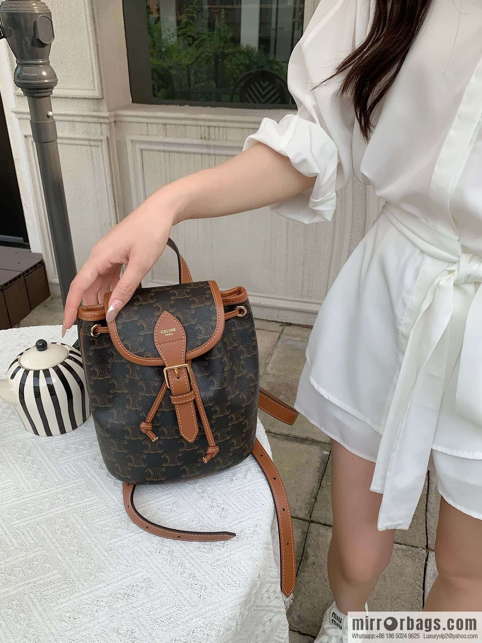 CELINE FOLCO TRIOMPHE CANVAS logo print and cow leather mini backpack 197662