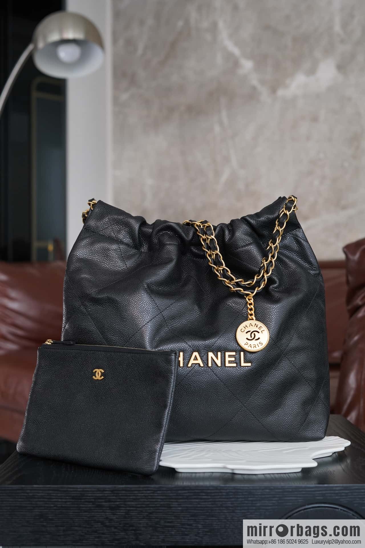CHANEL New Lychee Pattern Handbag, Small Black Gold Buckle AS3260