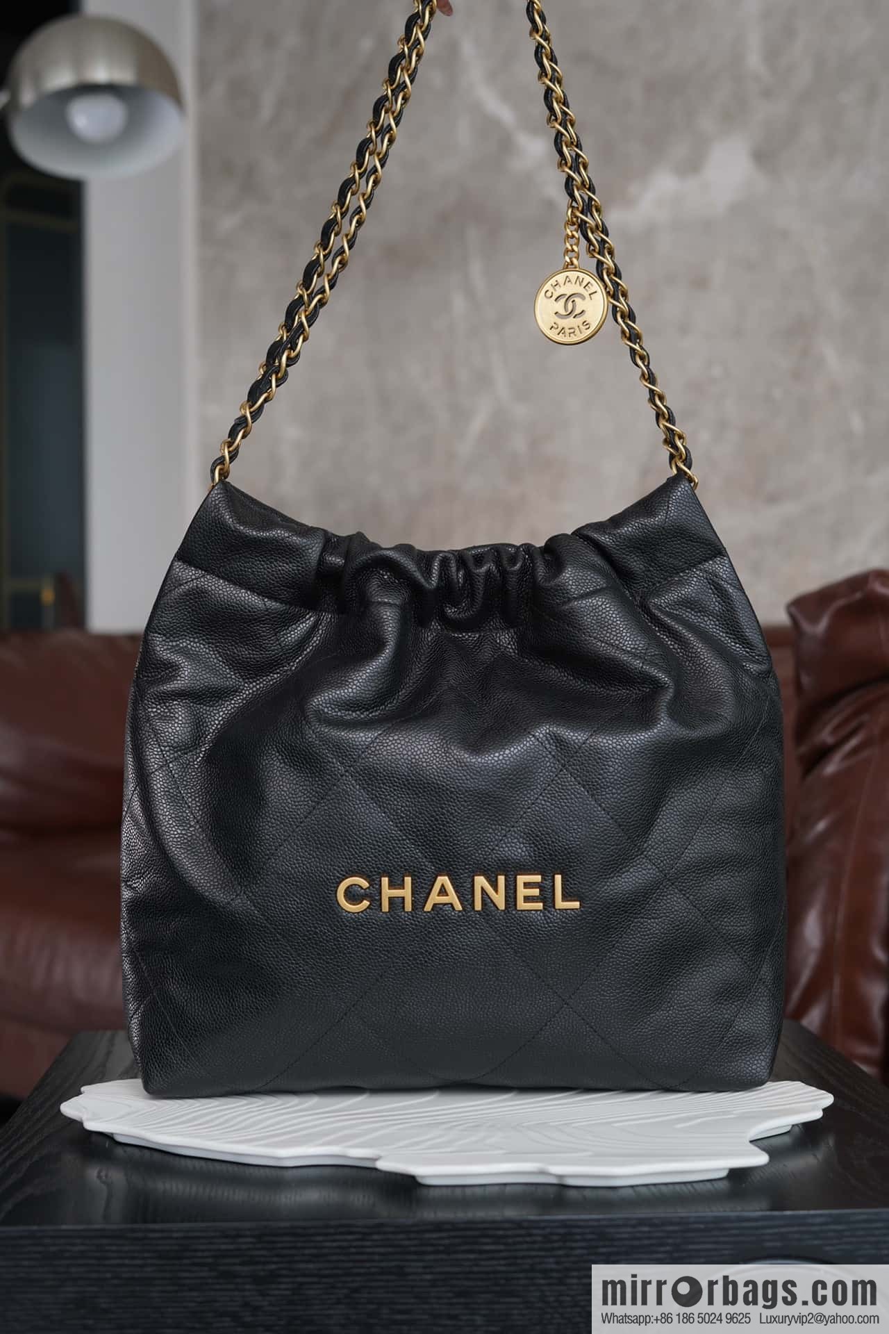 CHANEL New Lychee Pattern Handbag, Small Black Gold Buckle AS3260