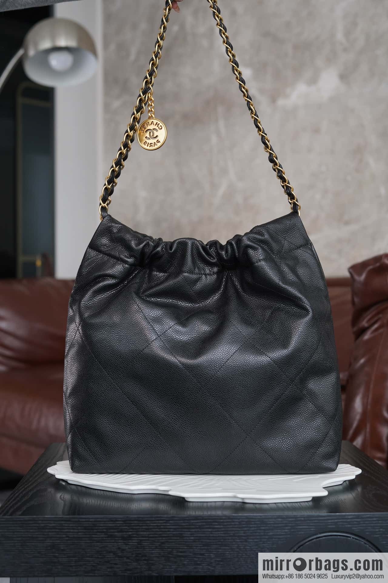CHANEL New Lychee Pattern Handbag, Small Black Gold Buckle AS3260