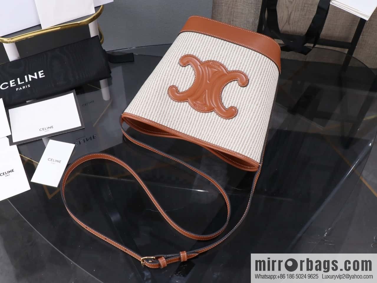 [Premium all-steel hardware] CUIR TRIOMPHE small smooth cowhide with linen fabric bucket bag number: 198243