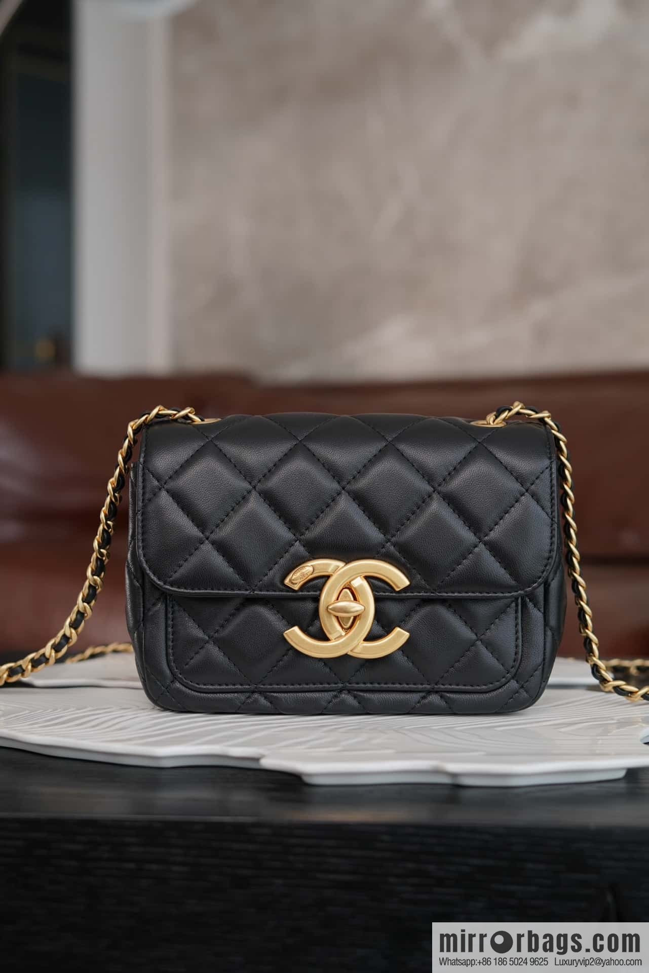 CHANEL Double 𝐂 𝒍𝒐𝒈𝒐 cover bag, black gold, genuine leather AS5026 B17620 94305