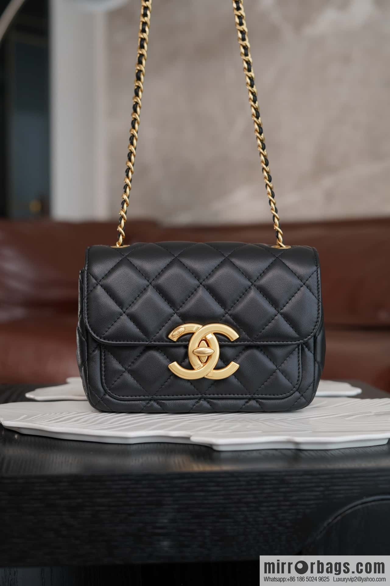 CHANEL Double 𝐂 𝒍𝒐𝒈𝒐 cover bag, black gold, genuine leather AS5026 B17620 94305
