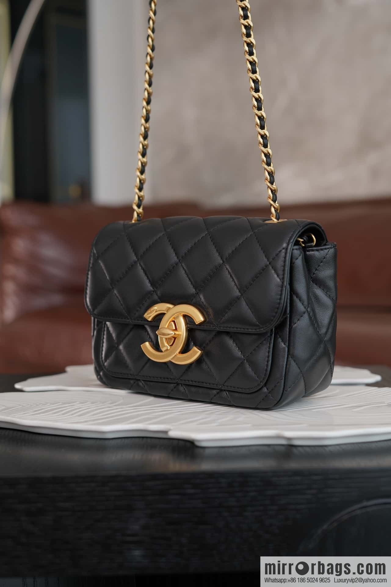 CHANEL Double 𝐂 𝒍𝒐𝒈𝒐 cover bag, black gold, genuine leather AS5026 B17620 94305