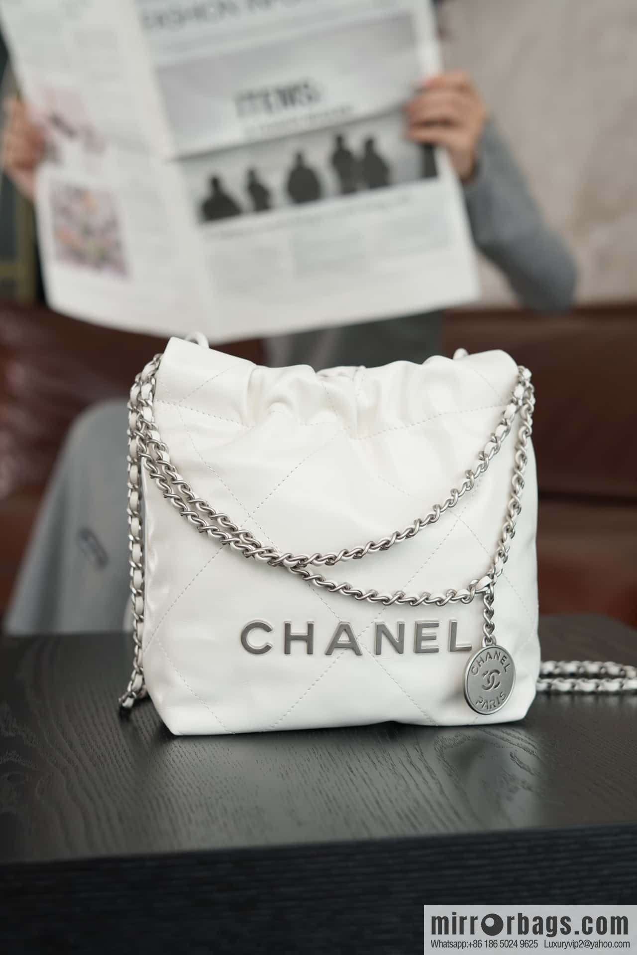 𝐂𝐇𝐀𝐍𝐄𝐋 23S 22Mini bag silver, genuine leather AS3980