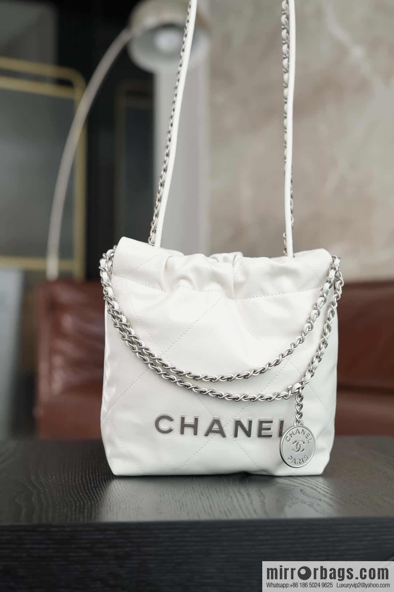 𝐂𝐇𝐀𝐍𝐄𝐋 23S 22Mini bag silver, genuine leather AS3980