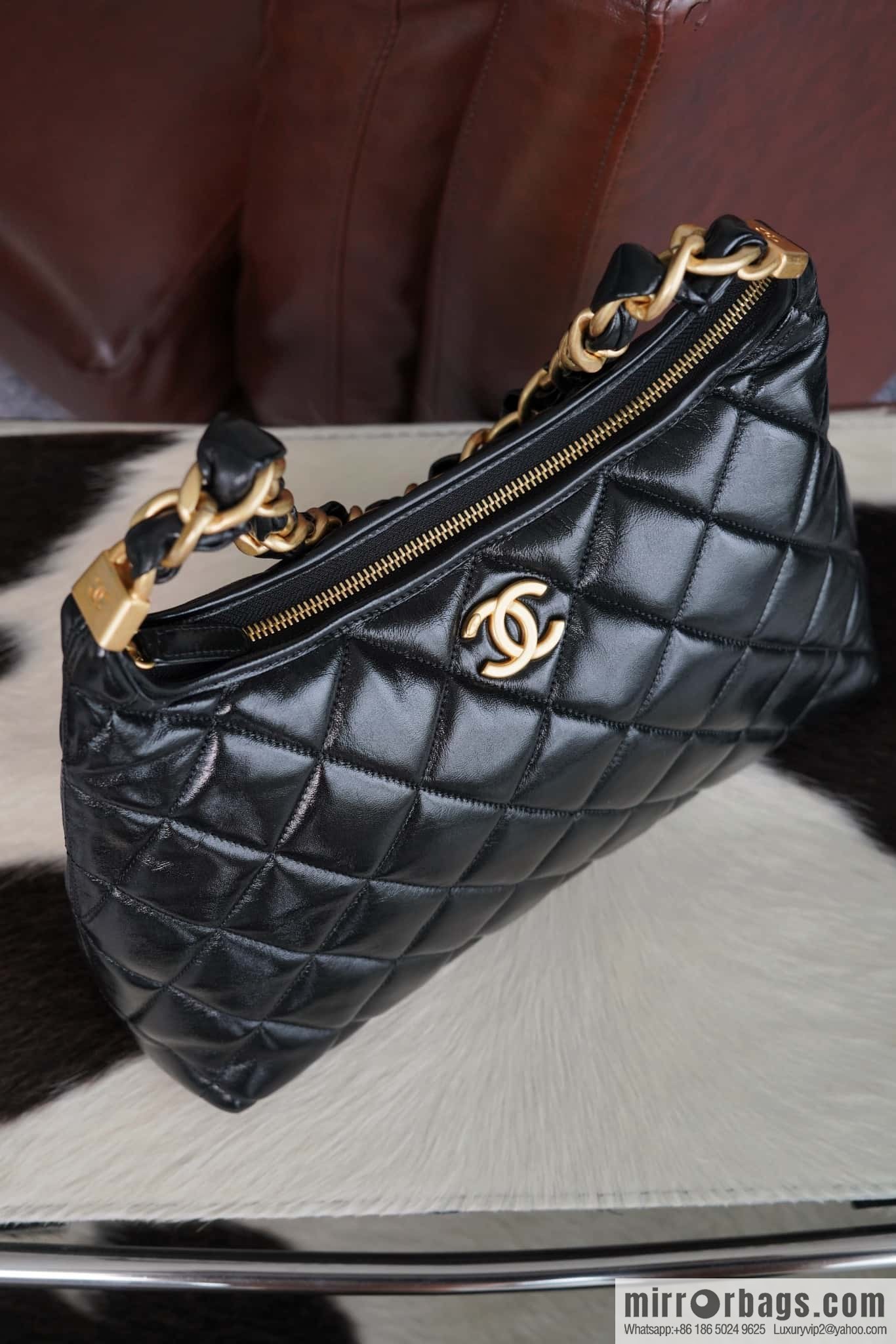 𝐂𝐡𝐚𝐧𝐞𝐥 𝟮𝟰𝗮 Premium Handicraft Workshop Hobo Black, Large, Genuine Leather AS4923