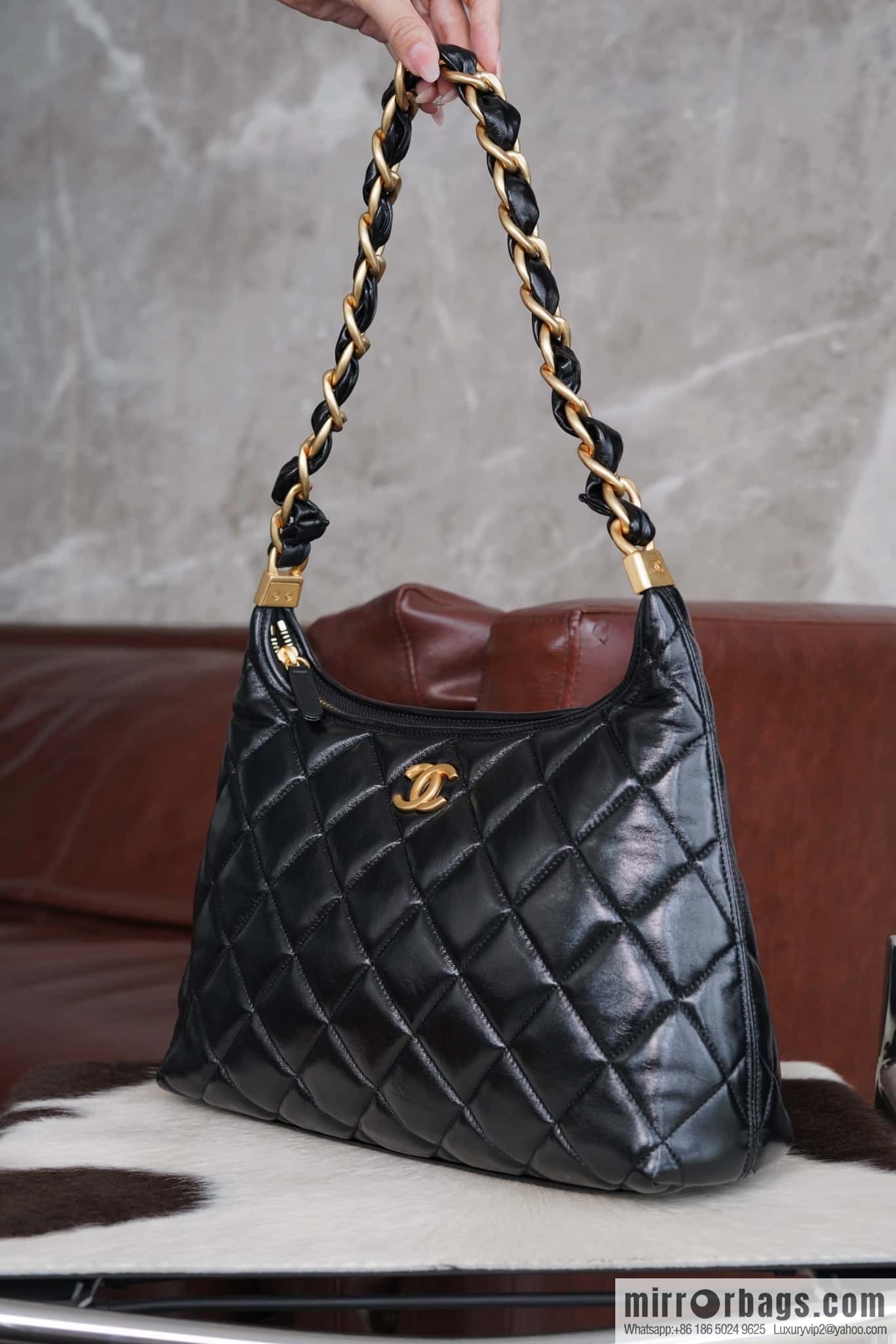 𝐂𝐡𝐚𝐧𝐞𝐥 𝟮𝟰𝗮 Premium Handicraft Workshop Hobo Black, Large, Genuine Leather AS4923