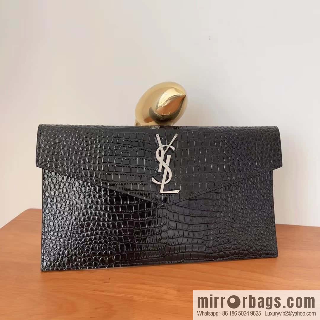 YSL 𝑼𝒑𝒕𝒐𝒘𝒏_ crocodile clutch 565739 black/silver buckle