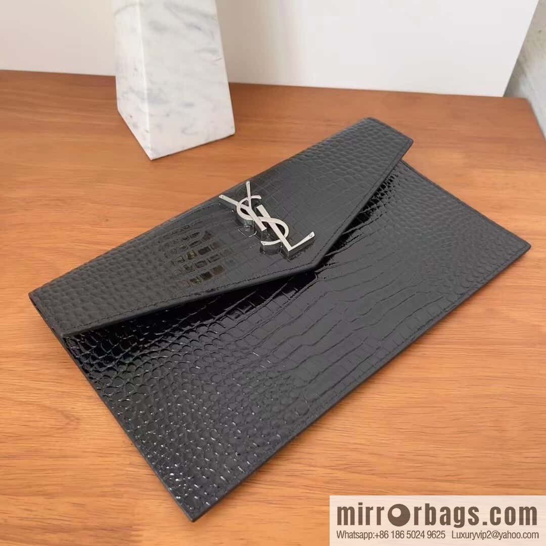 YSL 𝑼𝒑𝒕𝒐𝒘𝒏_ crocodile clutch 565739 black/silver buckle