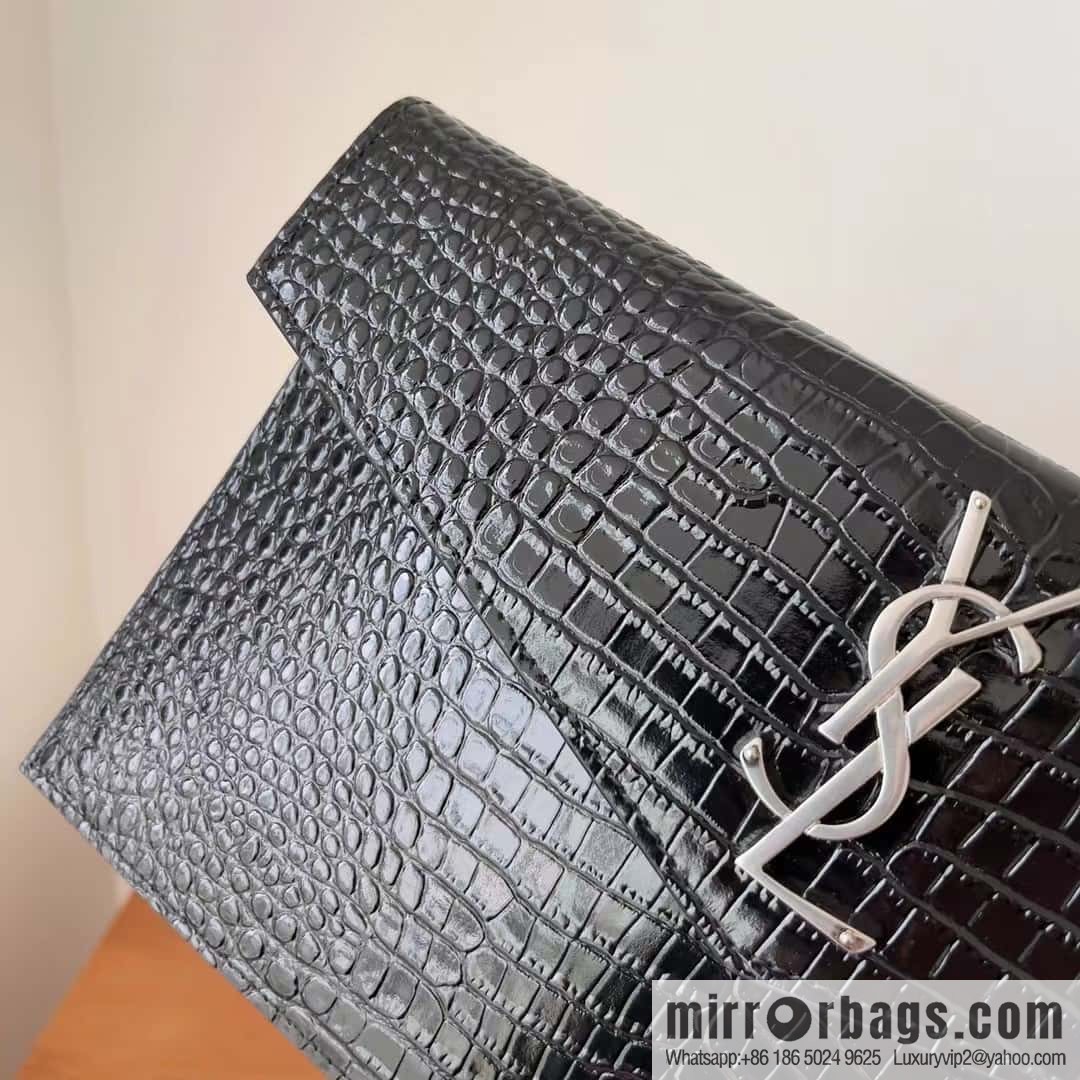 YSL 𝑼𝒑𝒕𝒐𝒘𝒏_ crocodile clutch 565739 black/silver buckle