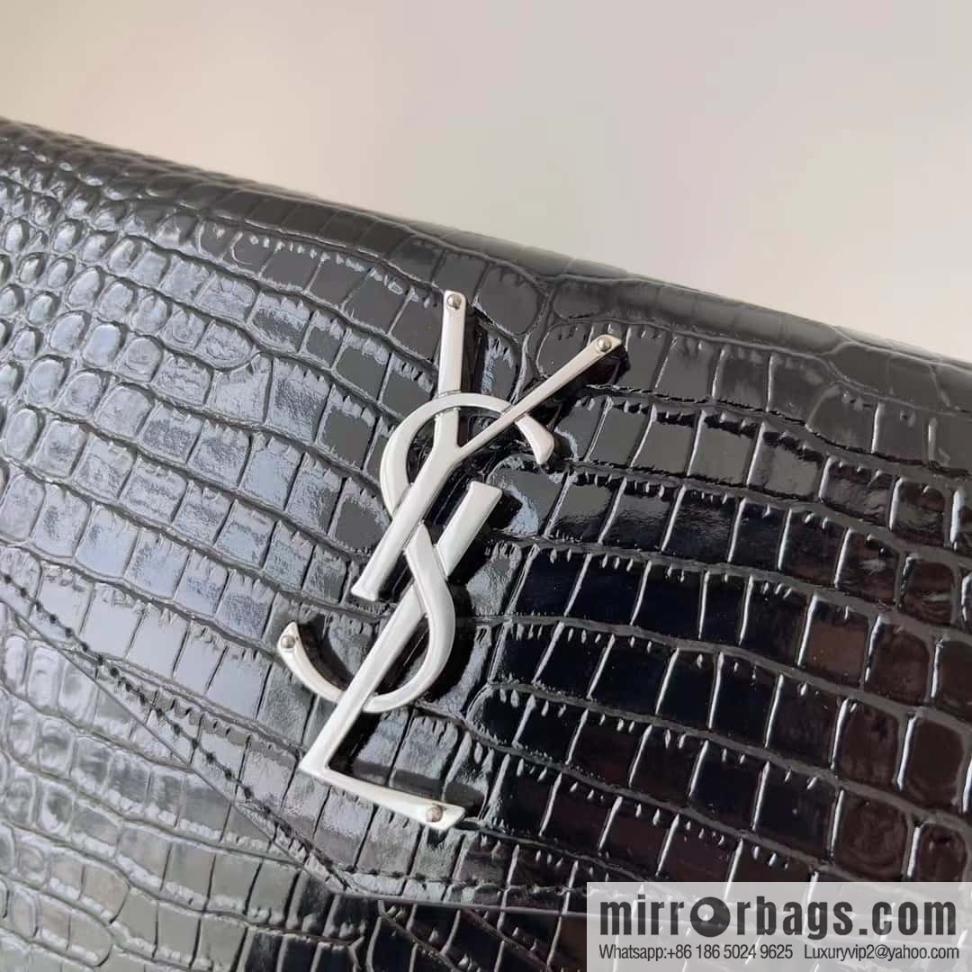 YSL 𝑼𝒑𝒕𝒐𝒘𝒏_ crocodile clutch 565739 black/silver buckle