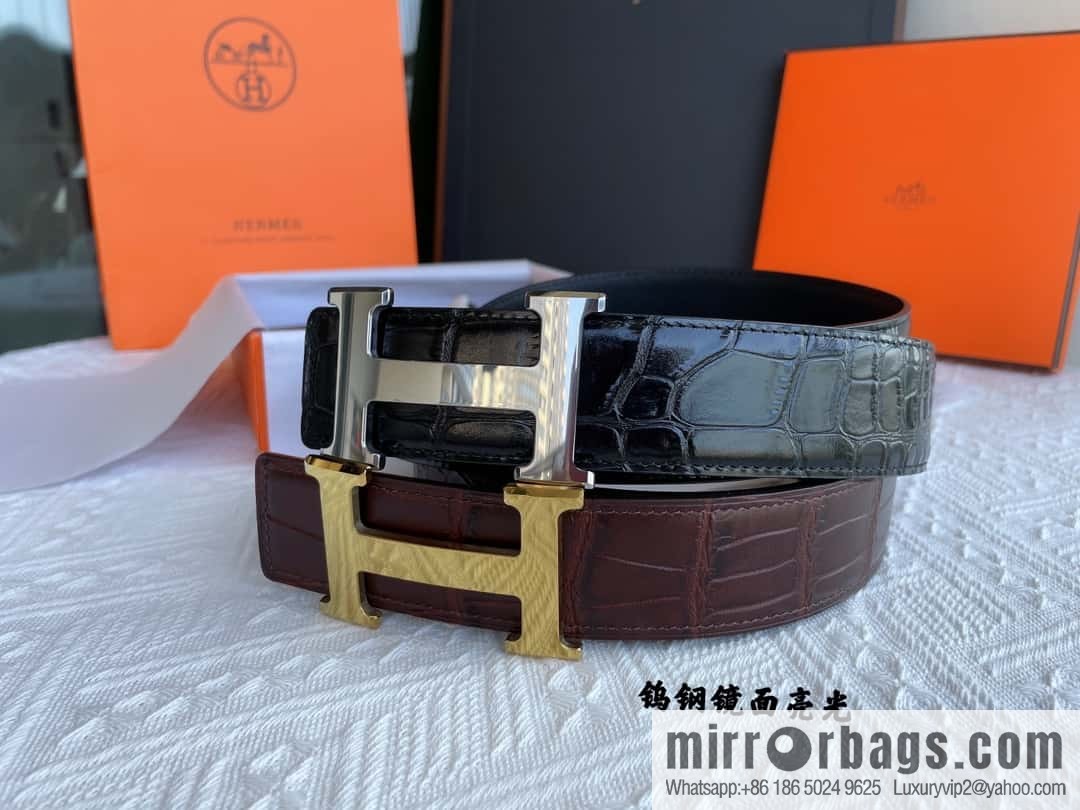 Hermes Hermes, exquisite Wu Gang glossy buckle, imported cowhide pressed crocodile pattern cowhide belt 38cm