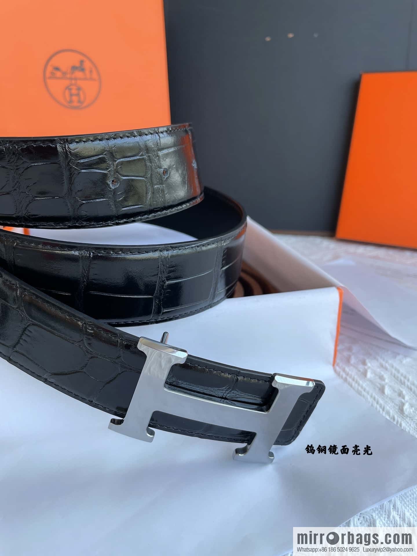 Hermes Hermes, exquisite Wu Gang glossy buckle, imported cowhide pressed crocodile pattern cowhide belt 38cm