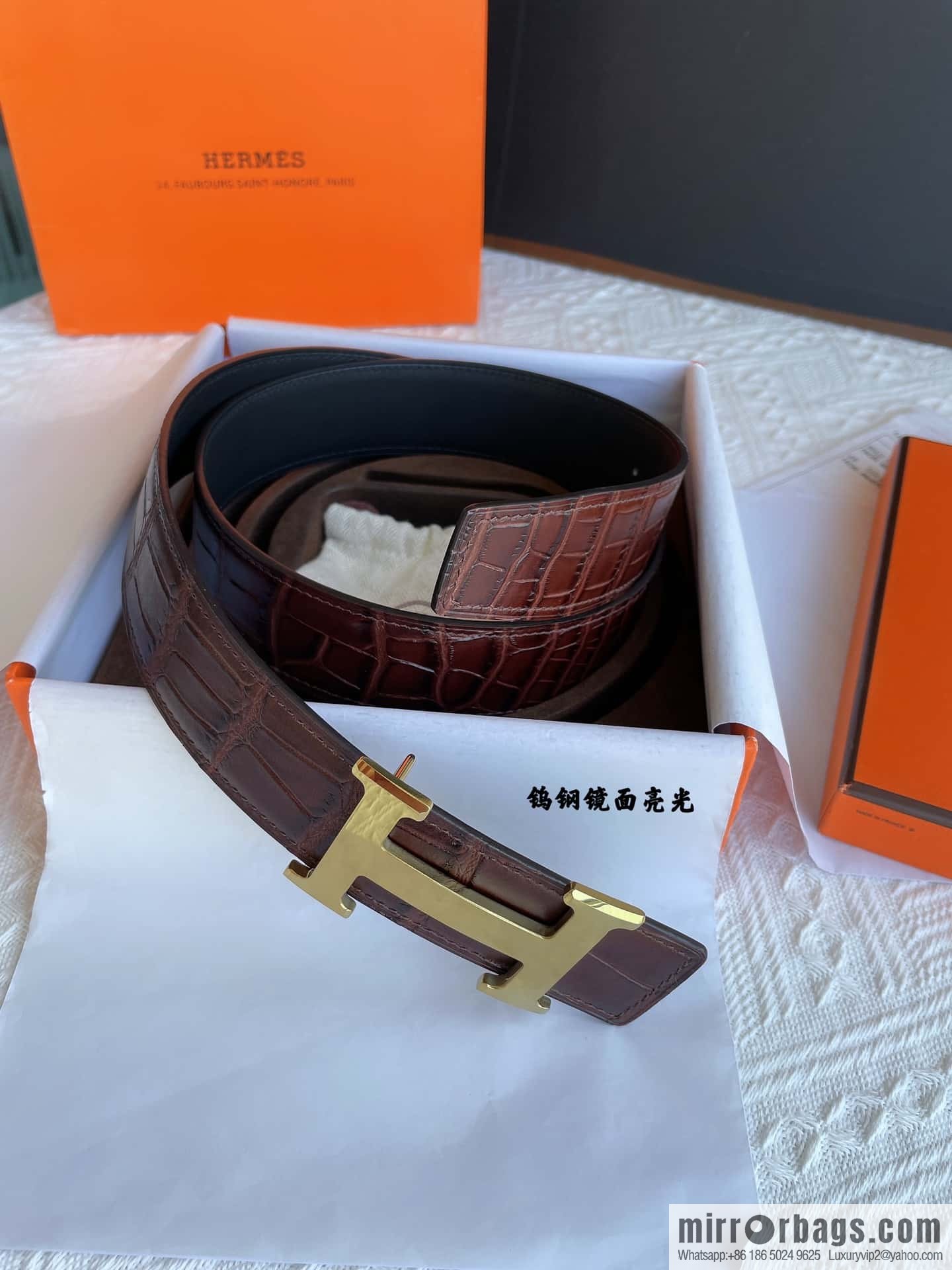 Hermes Hermes, exquisite Wu Gang glossy buckle, imported cowhide pressed crocodile pattern cowhide belt 38cm