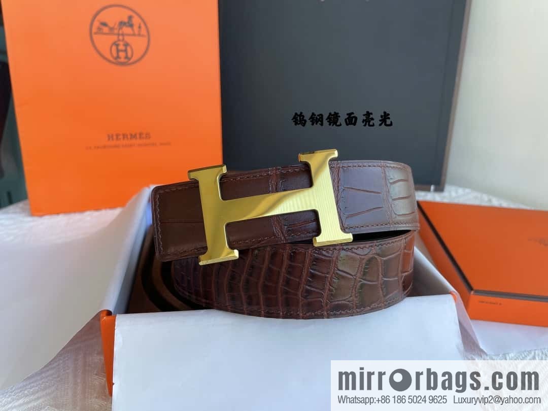 Hermes Hermes, exquisite Wu Gang glossy buckle, imported cowhide pressed crocodile pattern cowhide belt 38cm
