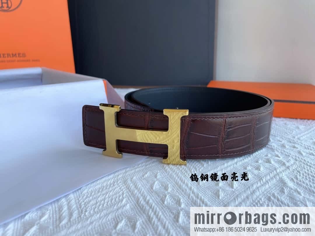 Hermes Hermes, exquisite Wu Gang glossy buckle, imported cowhide pressed crocodile pattern cowhide belt 38cm