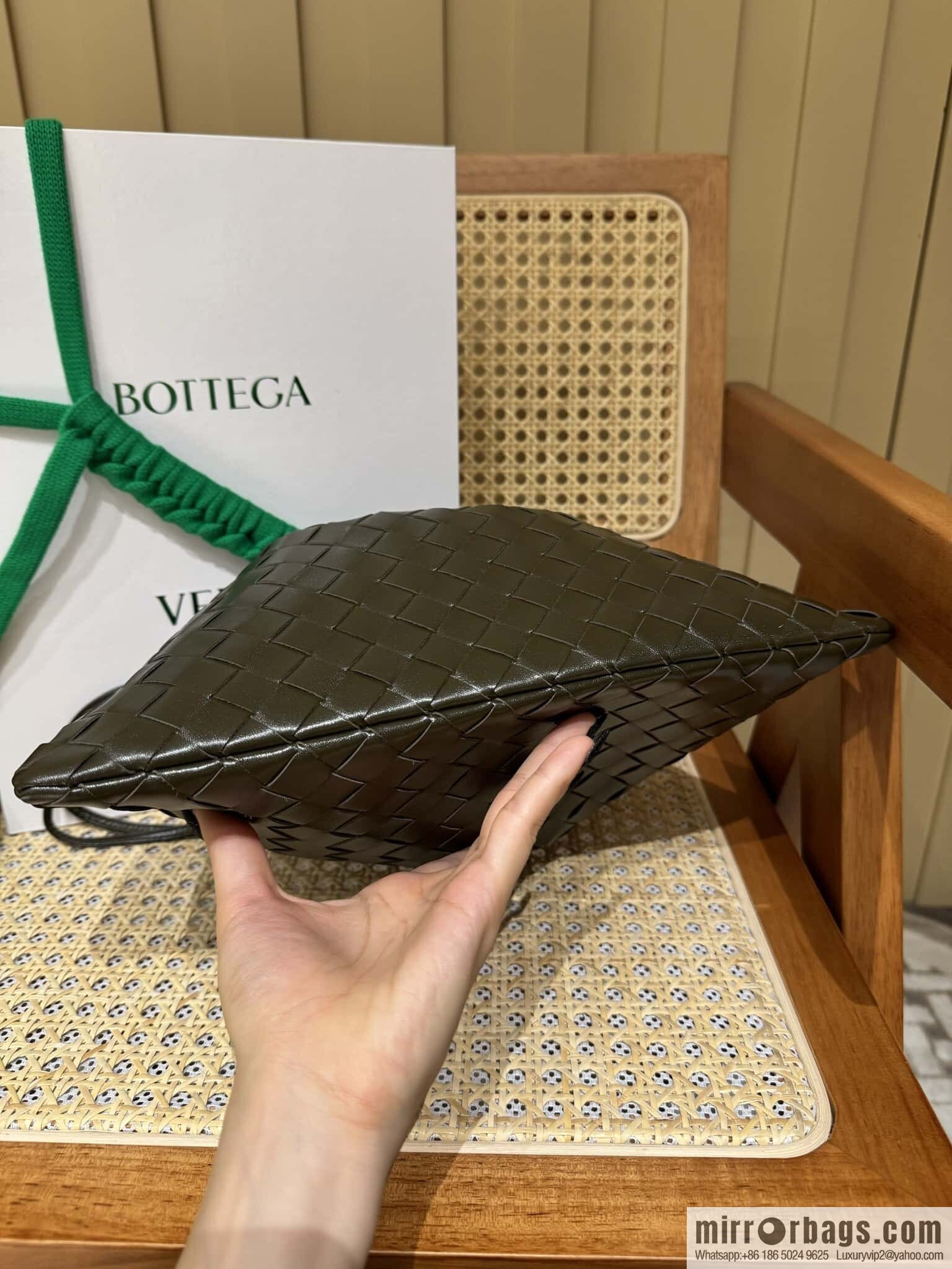 BV Medium Dustbag Clutch 796728 Khaki with Sage Green Inside