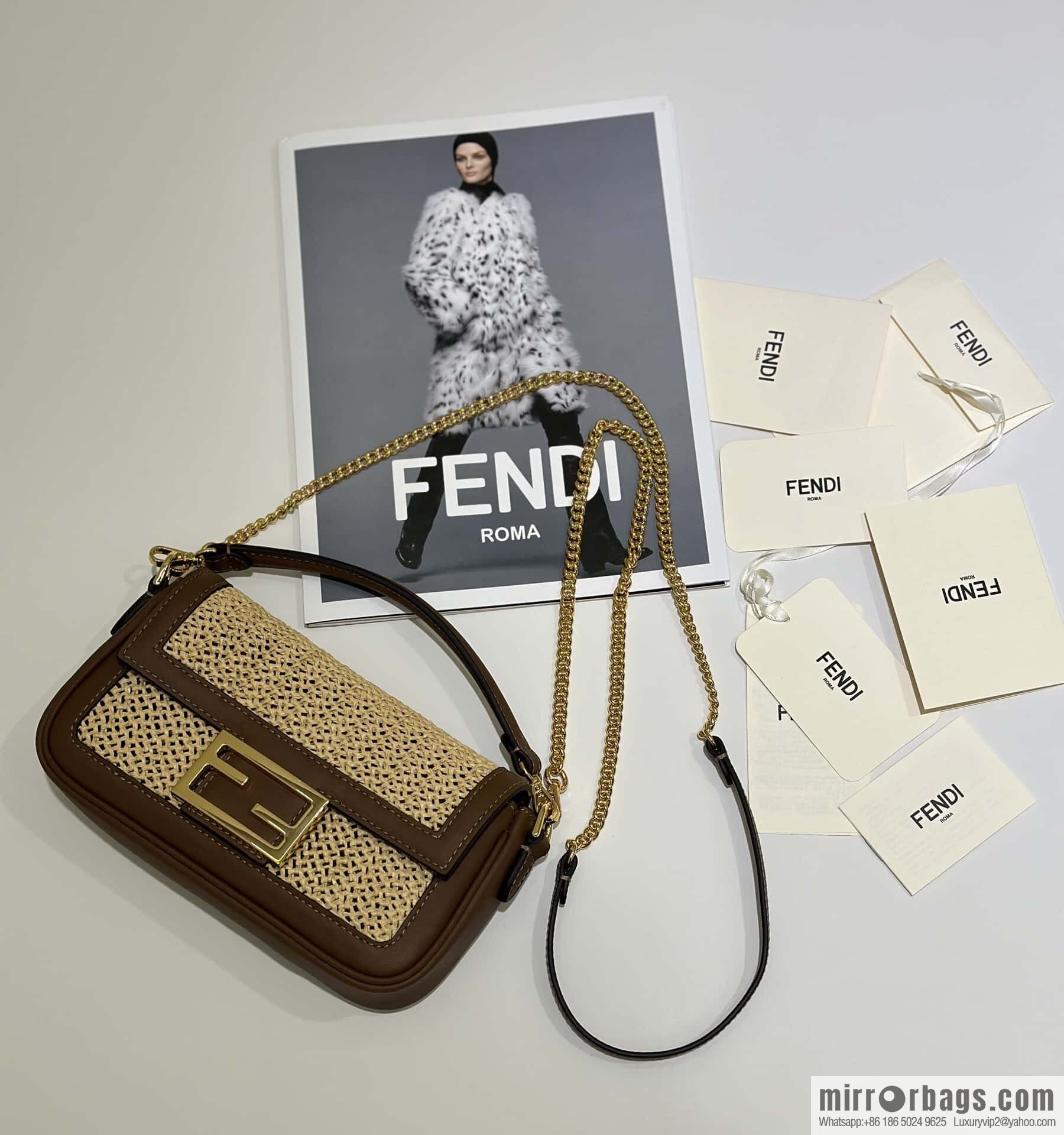 FENDI Baguette hand-woven raffia handbag, model number: 8666S red-brown