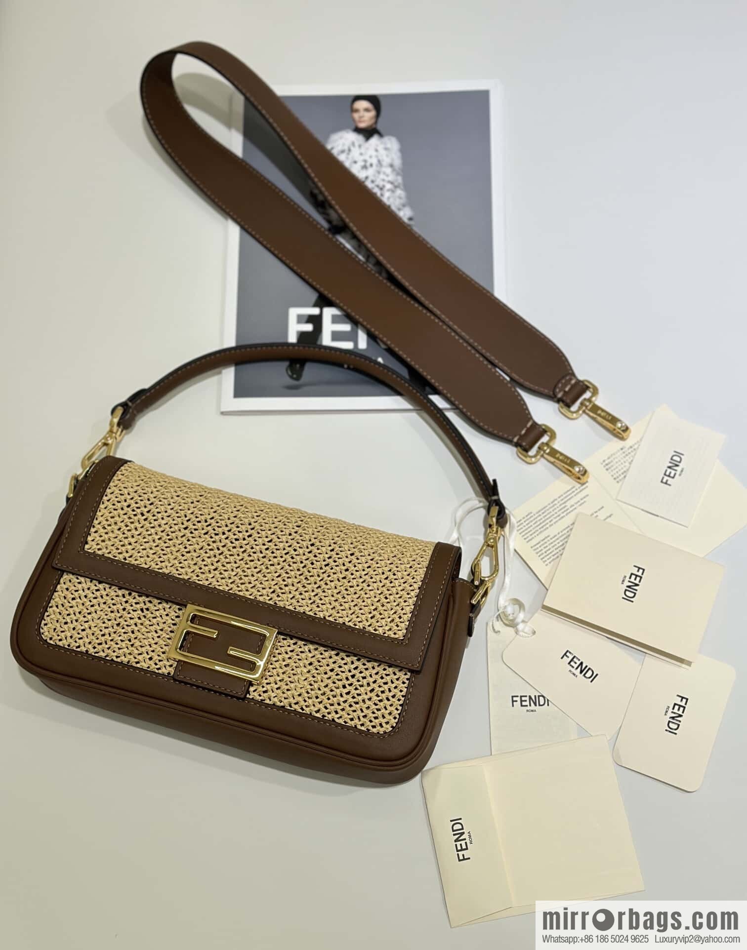 FENDI Baguette handwoven raffia handbag, model number: model number: 8666L red brown