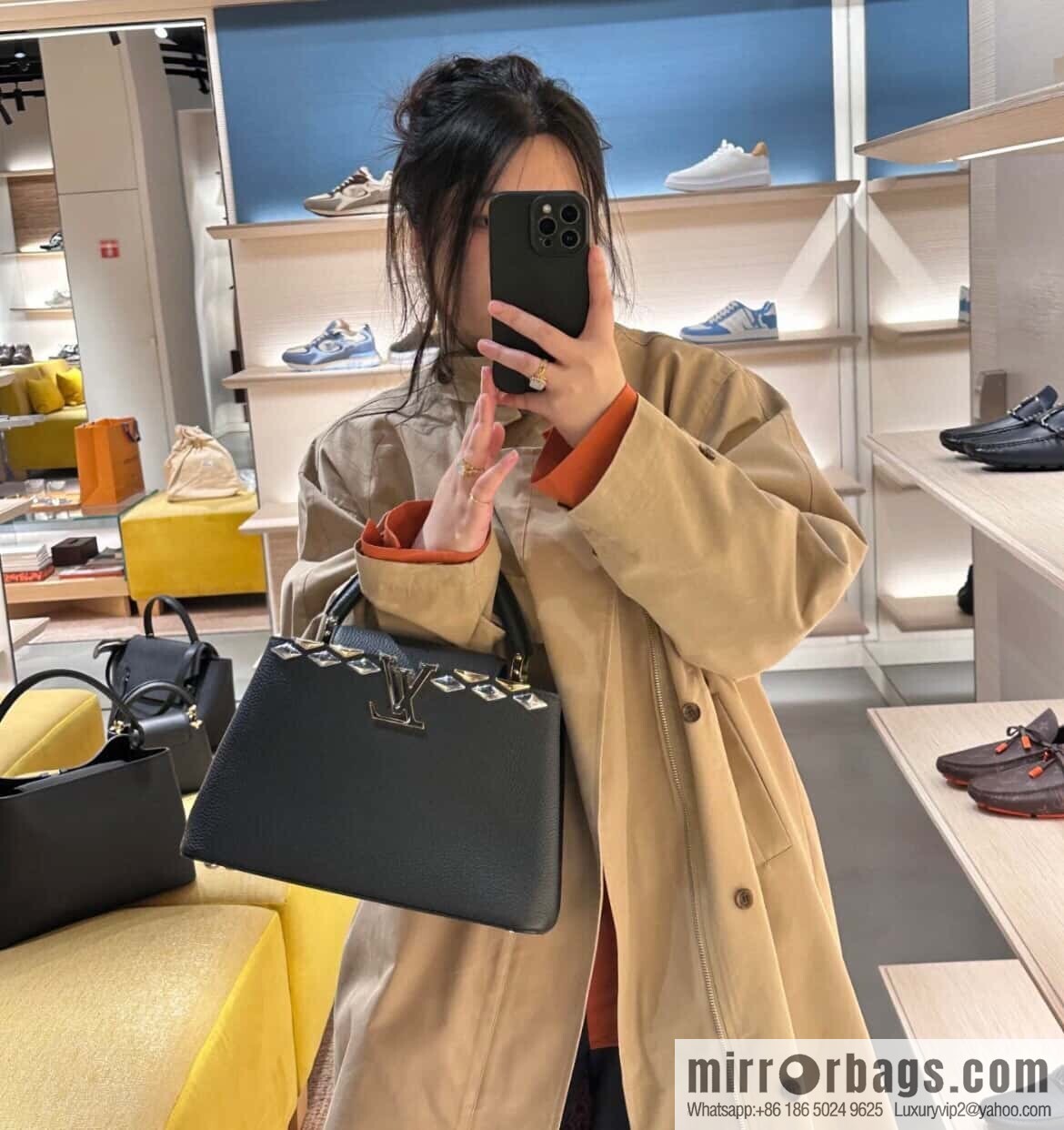 [Original order boutique] M12751 dark blue full leather rhombus model, full leather cap that English series, this Capucines mini handbag