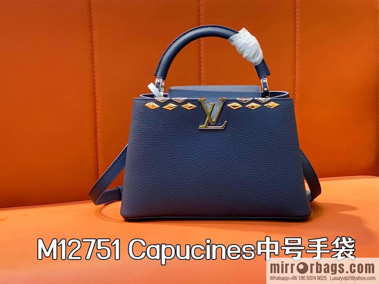 [Original order boutique] M12751 dark blue full leather rhombus, full leather cap Naxing series, this Capucines medium handbag
