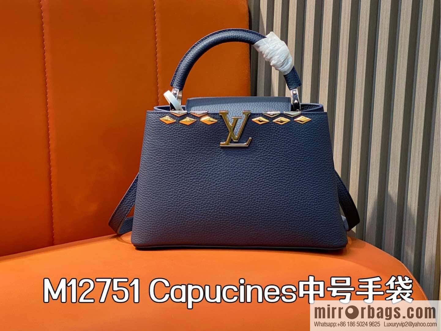 [Original order boutique] M12751 dark blue full leather rhombus, full leather cap Naxing series, this Capucines medium handbag