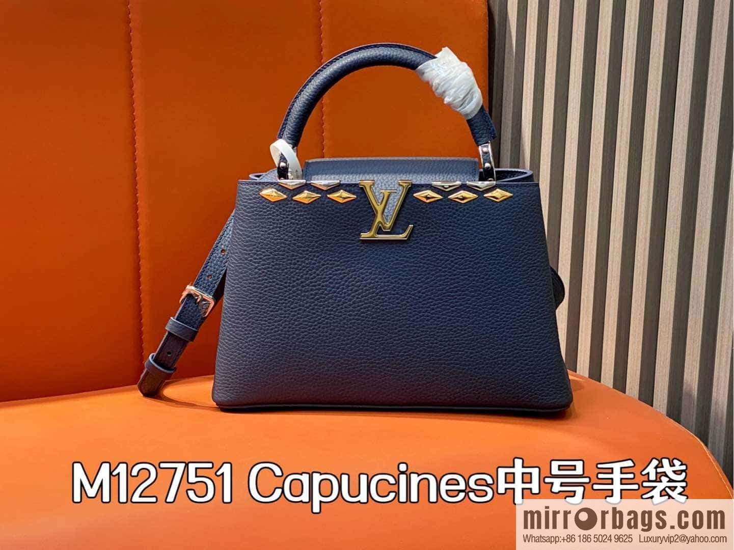 [Original order boutique] M12751 dark blue full leather rhombus, full leather cap Naxing series, this Capucines medium handbag