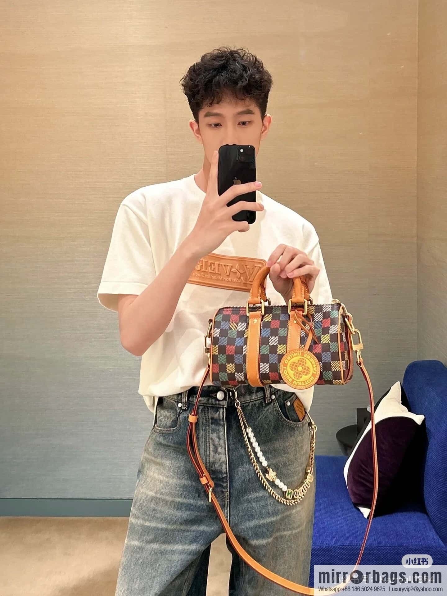 [Original single boutique] M00148 color gradual change grid, men's bag pillow bag speedy series, this Keepall 25 handbag