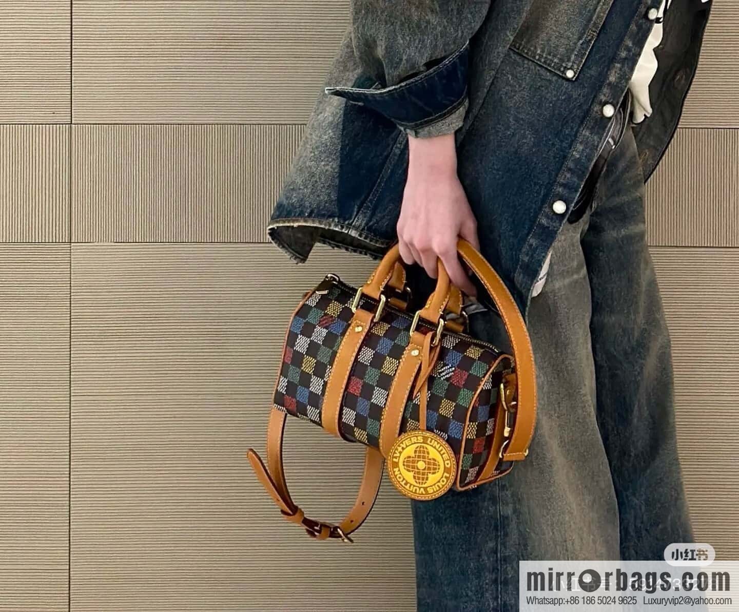 [Original single boutique] M00148 color gradual change grid, men's bag pillow bag speedy series, this Keepall 25 handbag