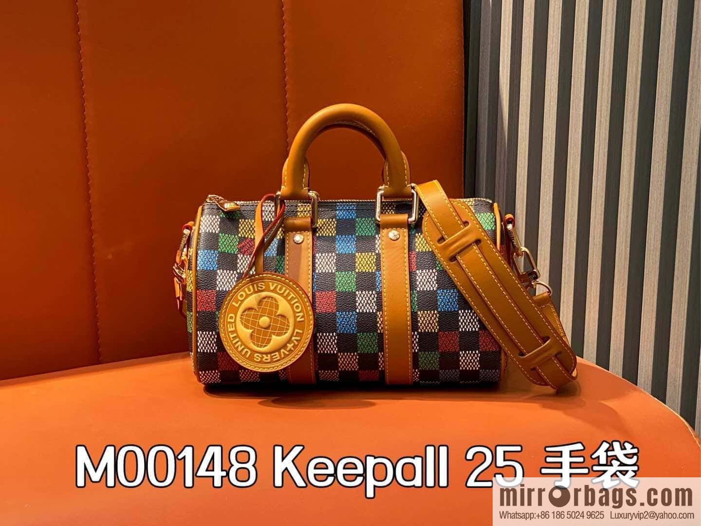 [Original single boutique] M00148 color gradual change grid, men's bag pillow bag speedy series, this Keepall 25 handbag