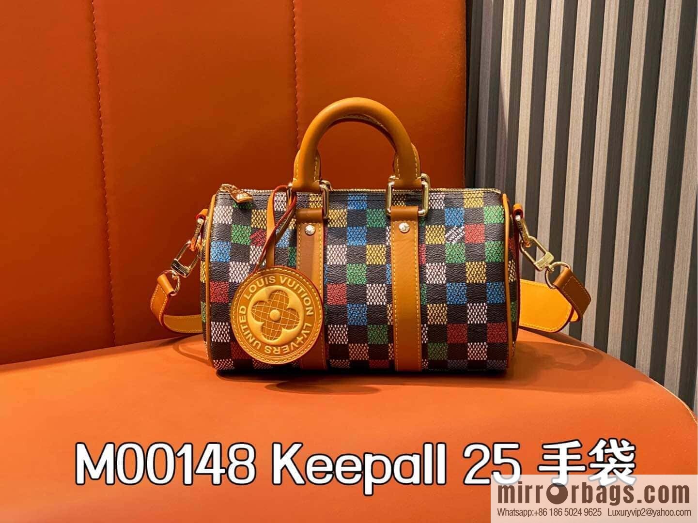 [Original single boutique] M00148 color gradual change grid, men's bag pillow bag speedy series, this Keepall 25 handbag
