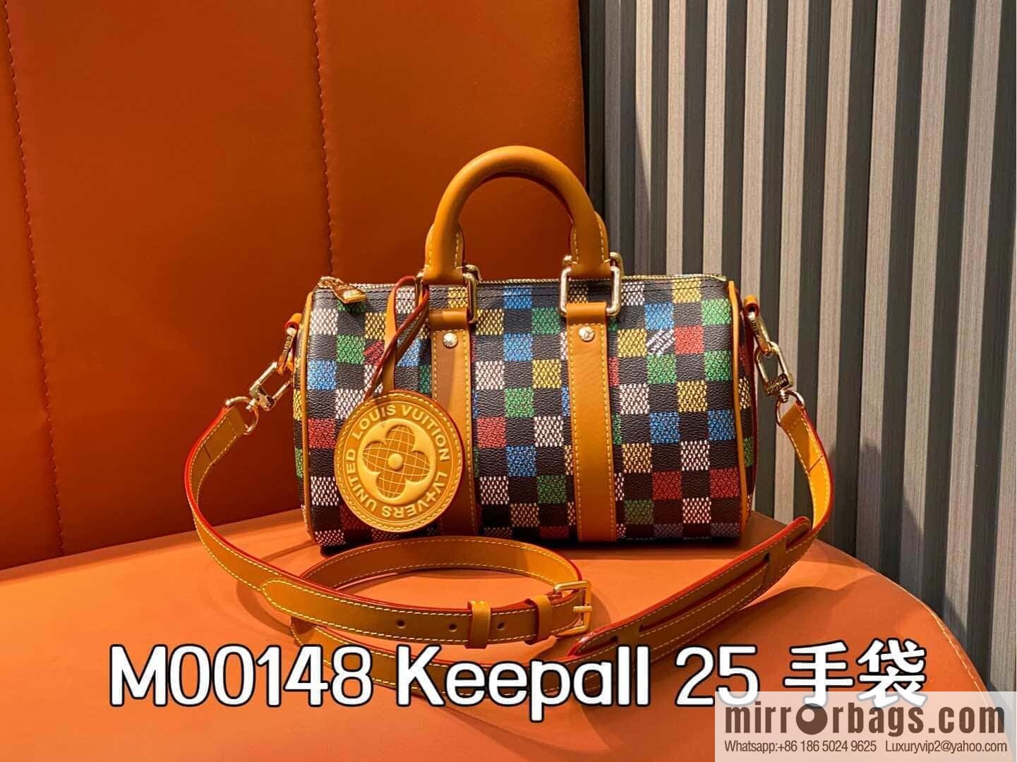 [Original single boutique] M00148 color gradual change grid, men's bag pillow bag speedy series, this Keepall 25 handbag