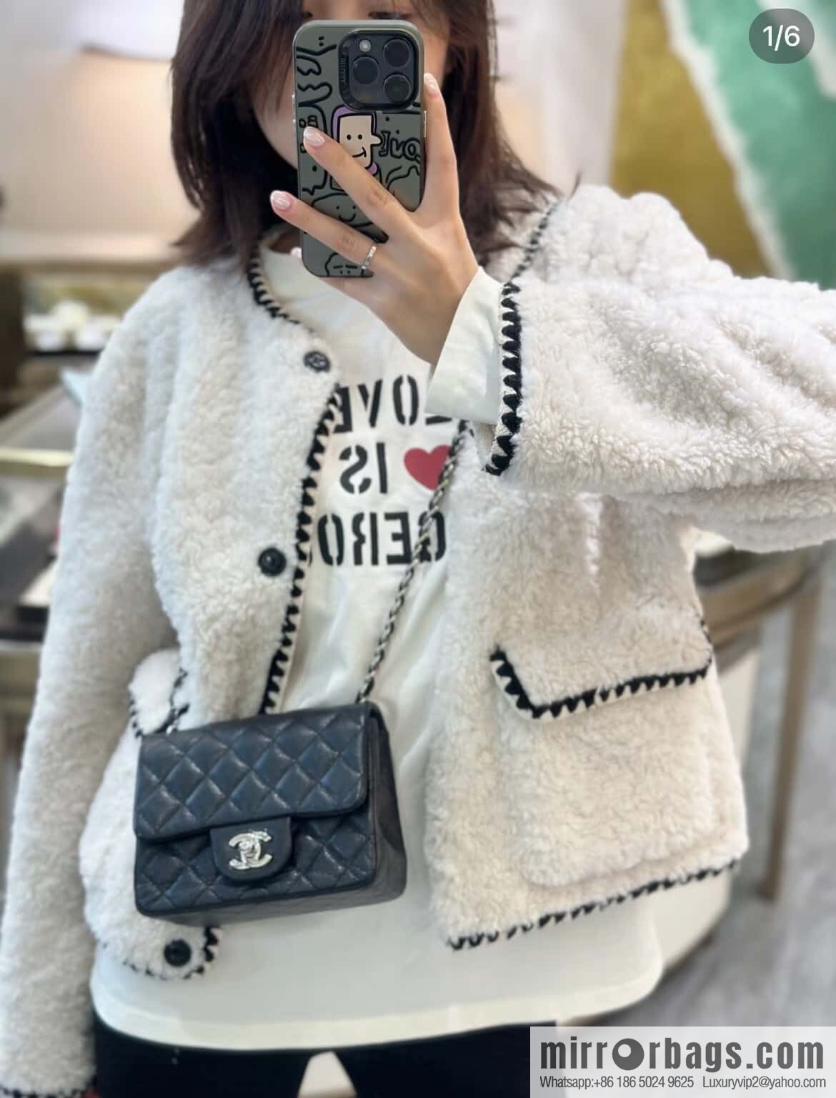 ℂ𝔽 𝗖𝗹𝗮𝘀𝘀𝗶𝗰 𝗙𝗹𝗮𝗽 | genuine leather lychee pattern, Fatty Fang, black silver 🖤 A01115