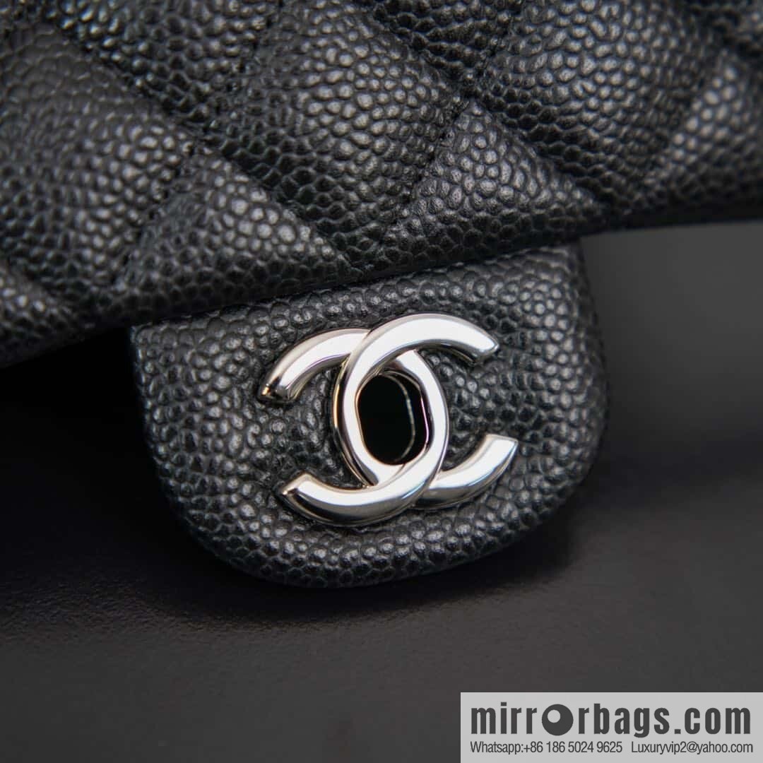 ℂ𝔽 𝗖𝗹𝗮𝘀𝘀𝗶𝗰 𝗙𝗹𝗮𝗽 | genuine leather lychee pattern, Fatty Fang, black silver 🖤 A01115