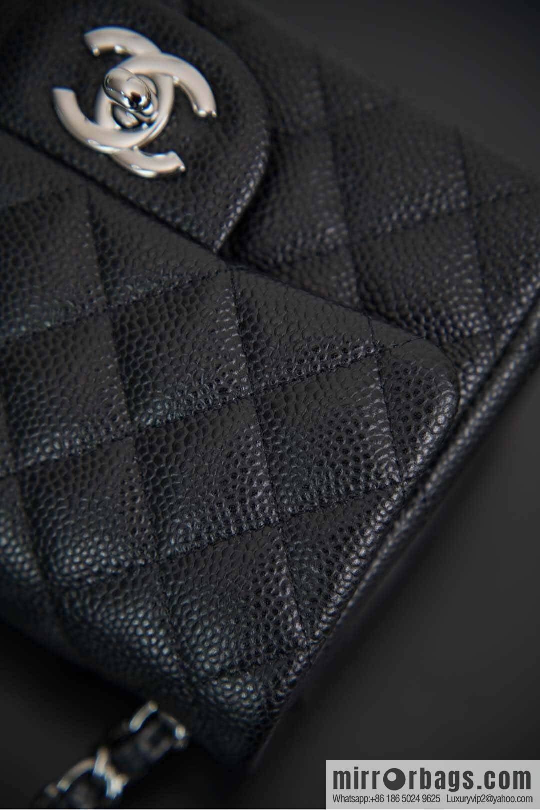 ℂ𝔽 𝗖𝗹𝗮𝘀𝘀𝗶𝗰 𝗙𝗹𝗮𝗽 | genuine leather lychee pattern, Fatty Fang, black silver 🖤 A01115