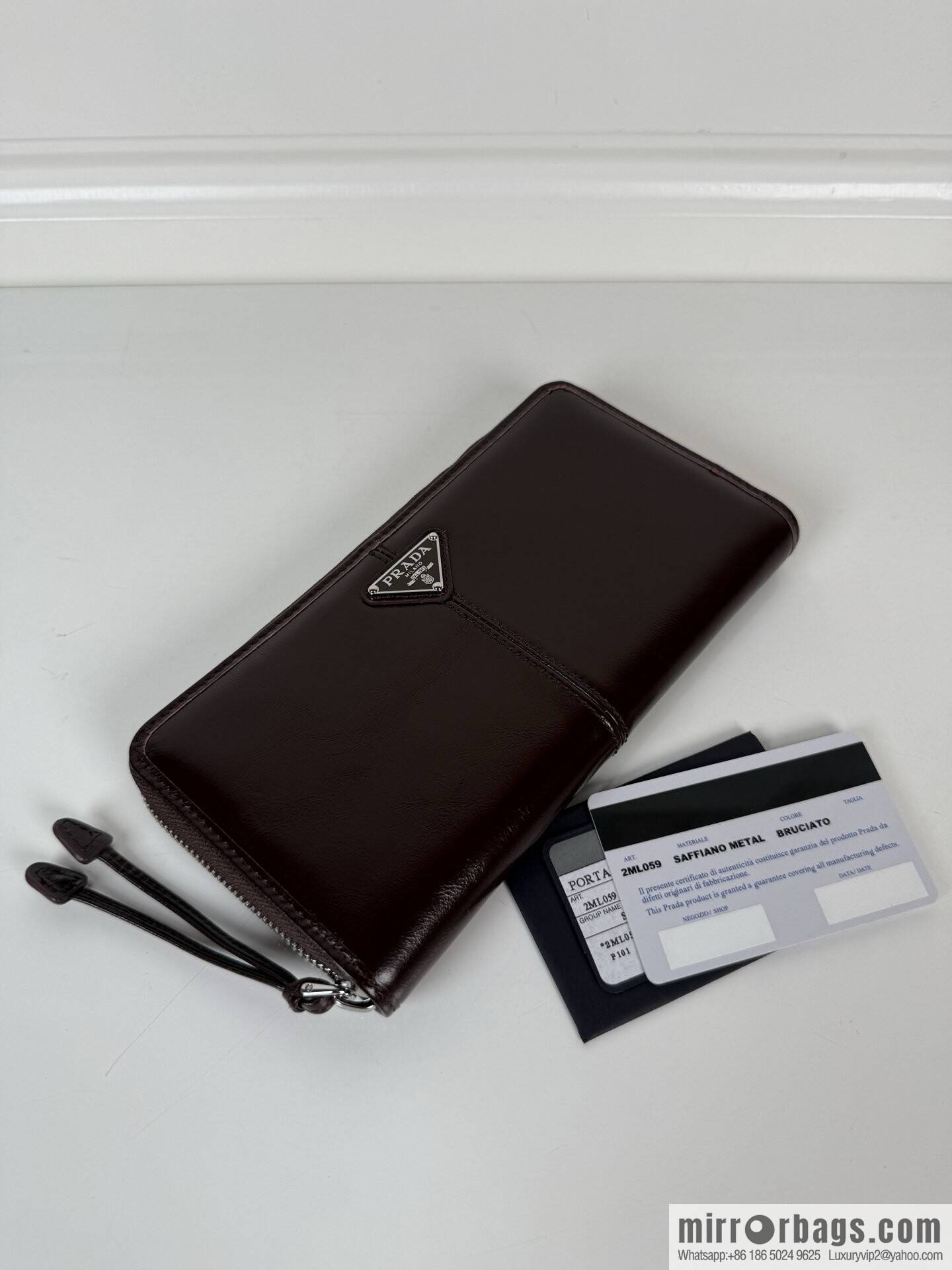PRADA men's/women's triangular silver hardware standard oil wax leather zipper bag 2ML059 burgundy