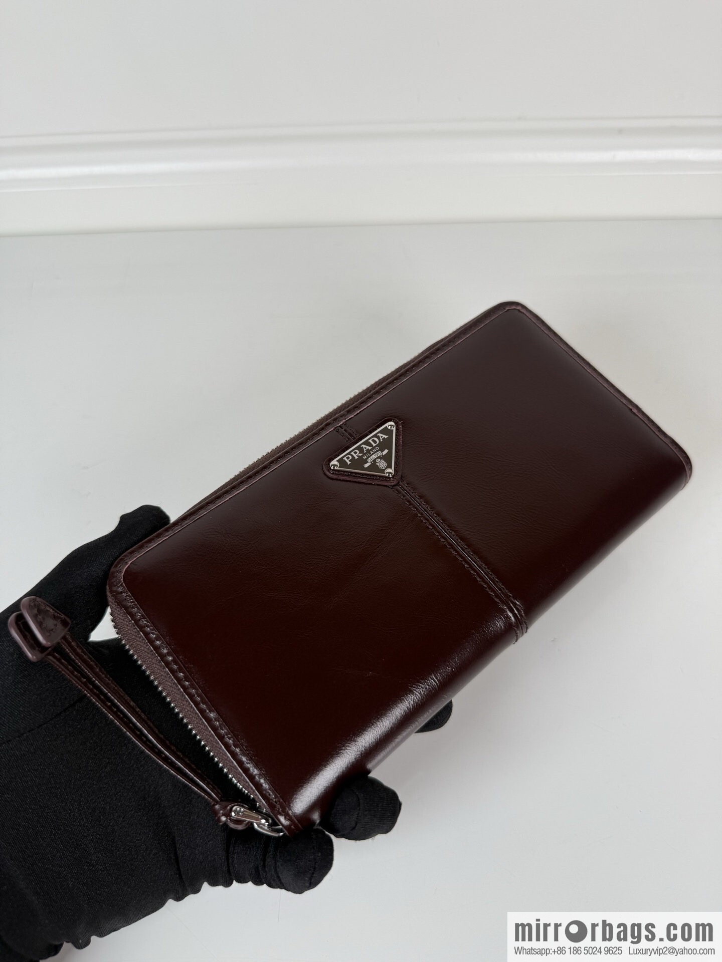 PRADA men's/women's triangular silver hardware standard oil wax leather zipper bag 2ML059 burgundy