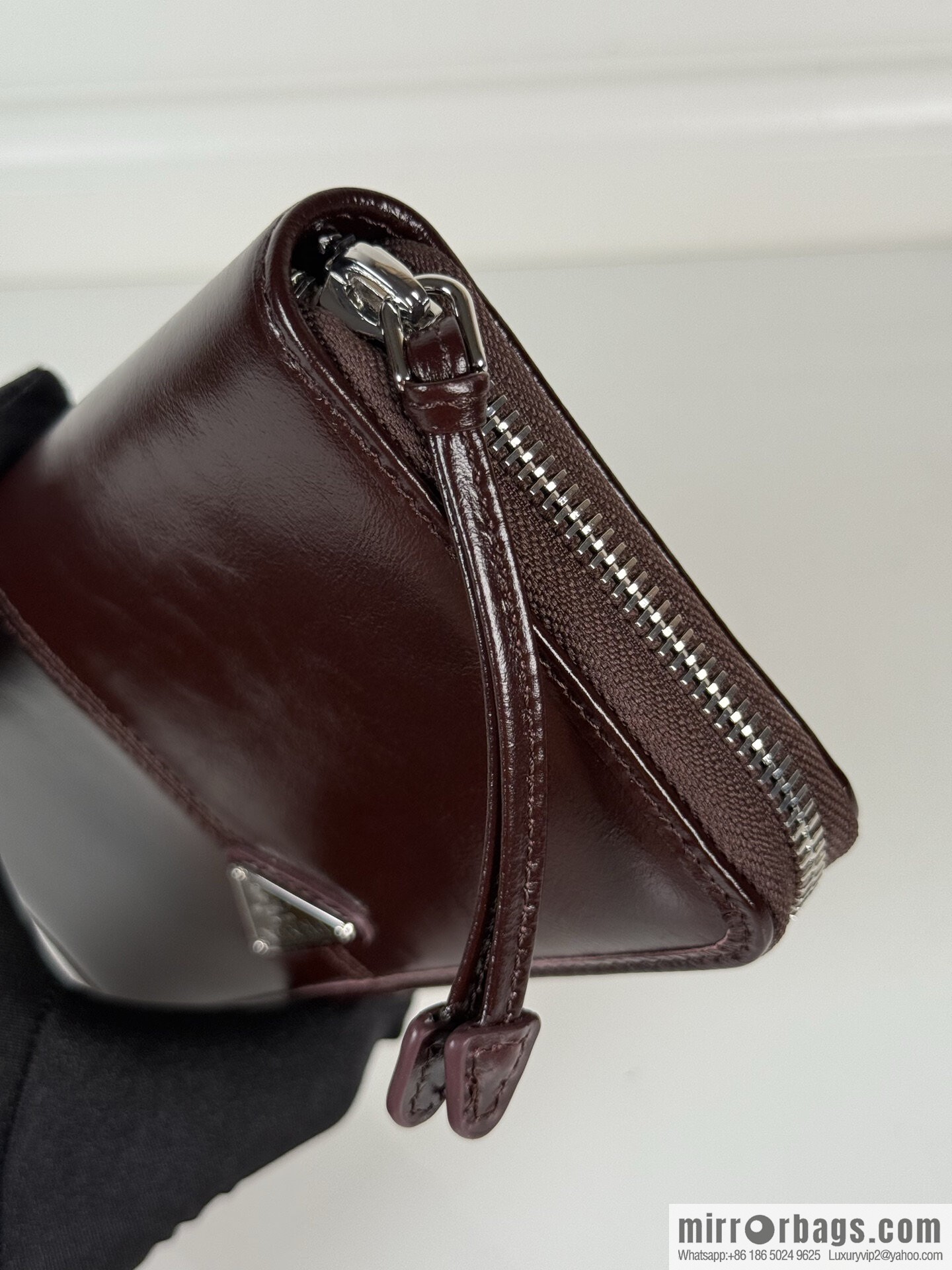 PRADA men's/women's triangular silver hardware standard oil wax leather zipper bag 2ML059 burgundy