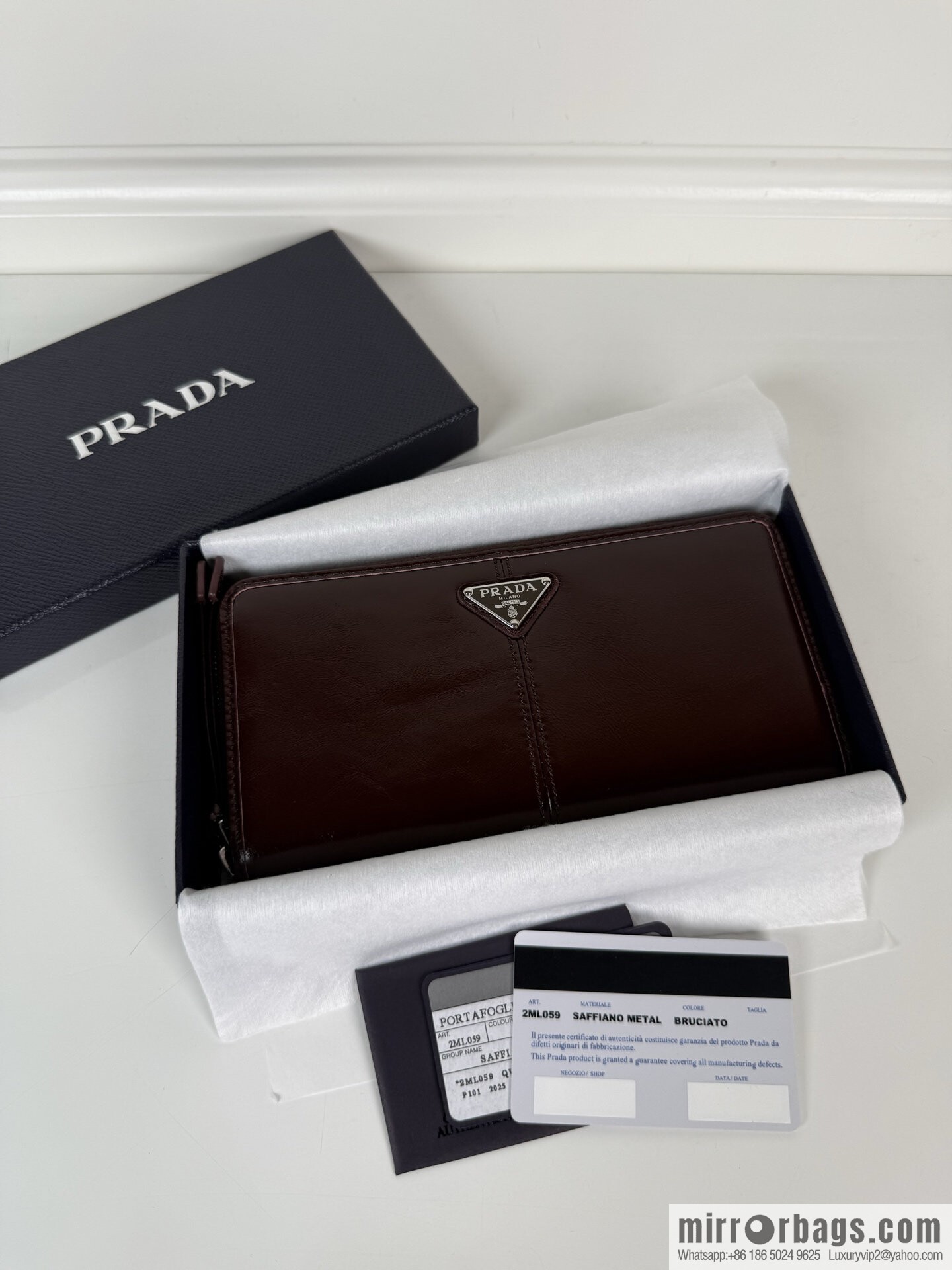 PRADA men's/women's triangular silver hardware standard oil wax leather zipper bag 2ML059 burgundy