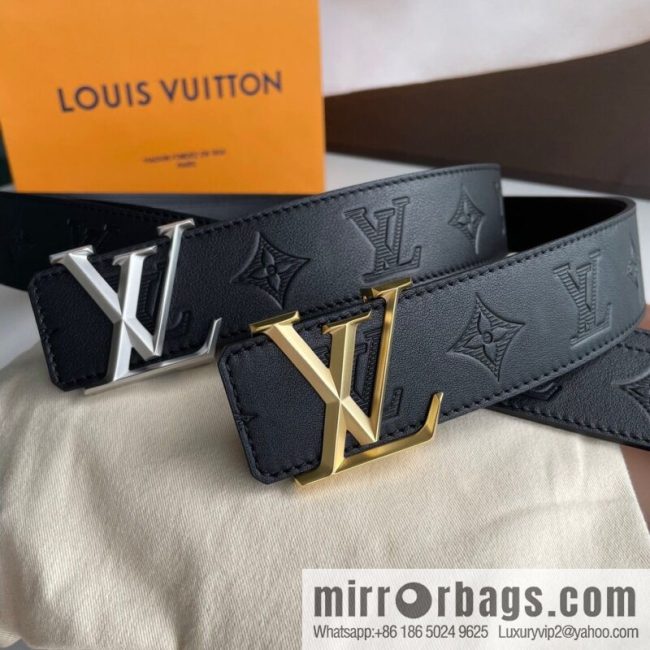 LV/Louis Vuitton, letter rhombus metal buckle black cowhide embossed belt 40mm