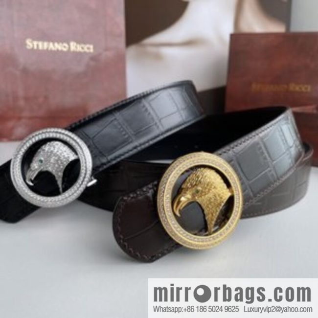 STEFANO RICCI Stephen Raunich Counter Stainless Steel Eagle Head Double Ring Inlaid Diamond Embellished Buckle 3.8cm First Layer Cowhide Fine Imitation Crocodile Leather Belt
