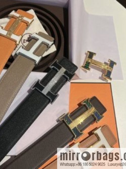 Hermes, stainless steel fiber sheet material cowhide palm texture belt men 3.8cm