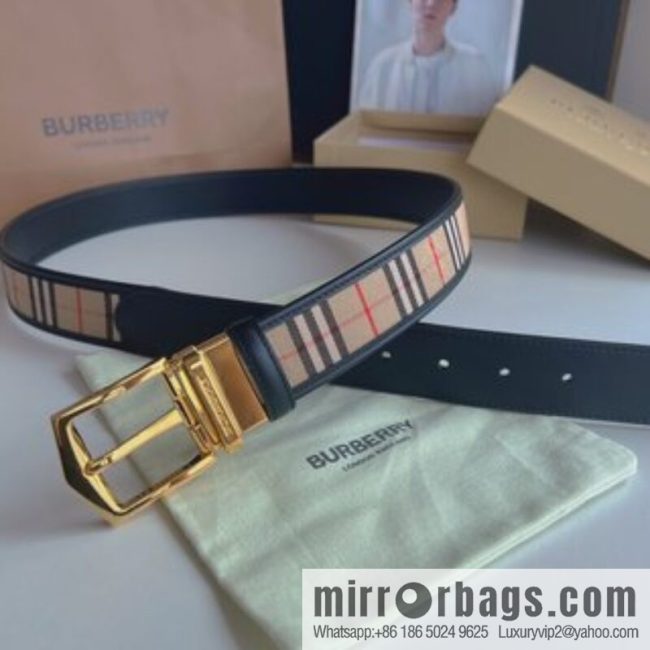 BURBERRY Burberry Italian Men\'s Brown Checkered Boutique Pure Copper Needle Metal Buckle Men\'s 3.5 Belt