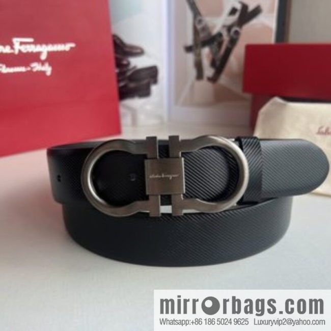 Ferragamo Ferragamo, Cowhide Embossed Gancini Metal Buckle Men\'s 3.5cm Belt - Image 4