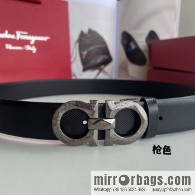 Ferragamo Ferragamo, first layer cowhide embossed pattern Gancini pattern metal buckle men\'s 3.5cm belt - Image 4